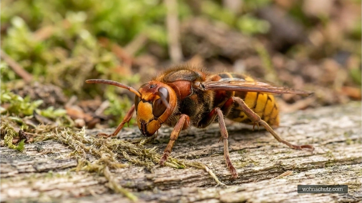 Europäische Hornisse (Vespa crabro) in Nahaufnahme – rotbraun-orange gefärbter Kopf, gelb-schwarz gezeichneter Hinterleib