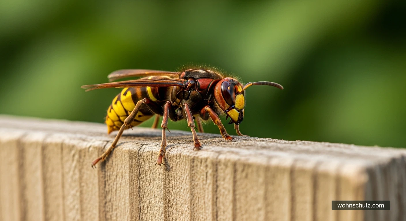Europäische Hornisse (Vespa crabro) auf Baumrinde – rotbrauner Kopf, Körperfärbung und Nestbau erkennbar
