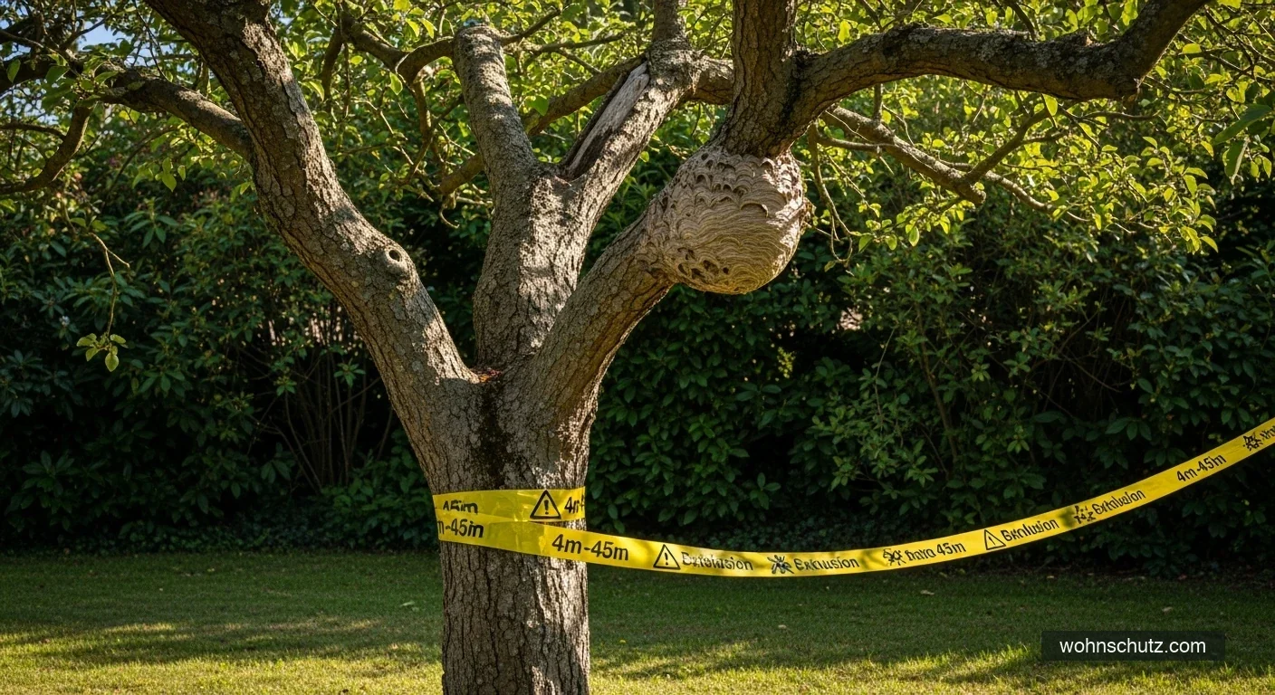 Absperrband markiert den Sicherheitsabstand um ein Hornissennest in einem Gartenschuppen