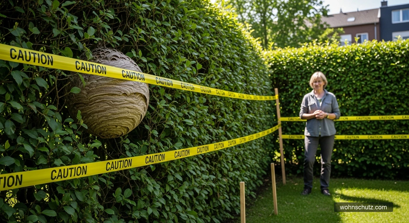 Hornissennest in Holzbalken im Garten – Sicherheitsabstand markiert mit Absperrband