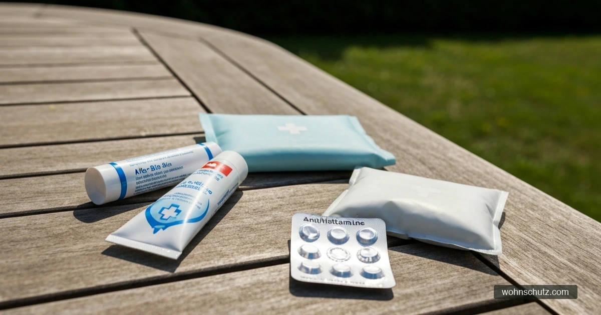 Erste-Hilfe-Set bei Insektenstich: After-Bite-Gel, Kühlpad und Antihistaminika-Tabletten auf Holztisch