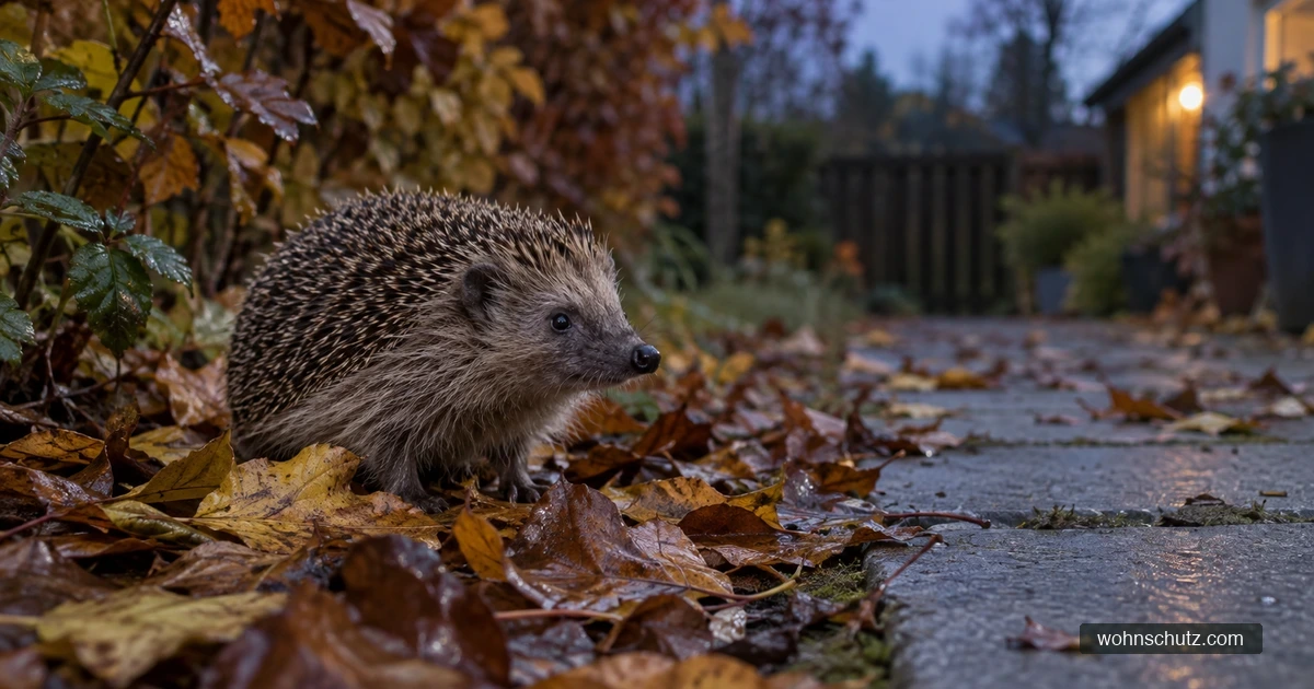 Junger Igel auf feuchtem Herbstlaub am Rand eines Gartenwegs in der Abenddämmerung