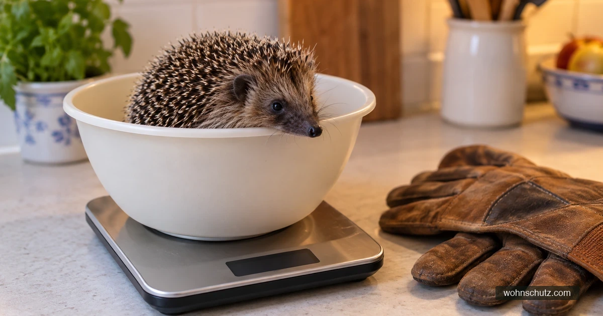Junger Igel sitzt in einer Kunststoffschüssel auf einer digitalen Küchenwaage, daneben liegen Arbeitshandschuhe