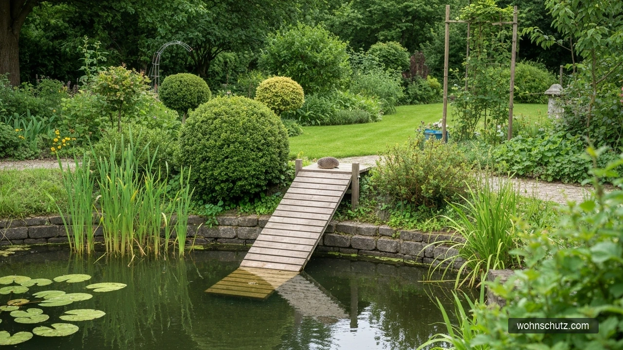 Gartenteich mit Rampe als Ausstiegshilfe für Igel – igelfreundliche Gestaltung