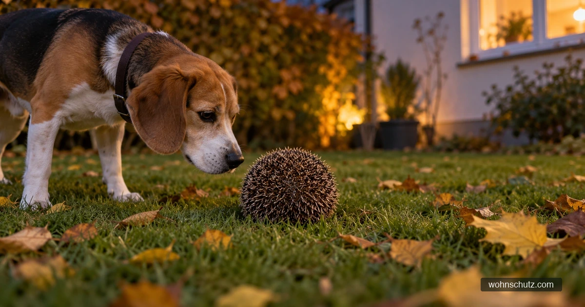 Ein Hund beschnuppert in der Abenddämmerung auf dem Rasen einen eingerollten Igel