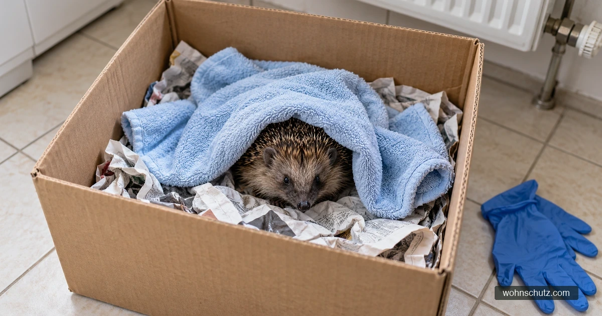 Ein Igel liegt in einem offenen Pappkarton auf Zeitungspapier und einem hellen Handtuch, daneben Einweghandschuhe