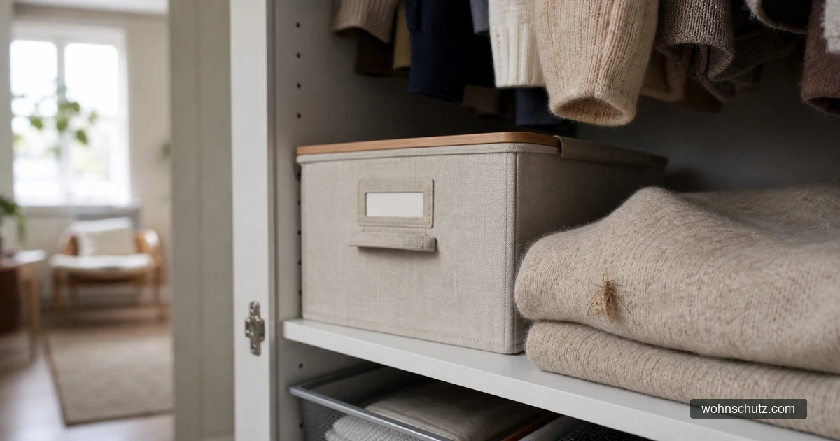 Kleidermotte an einem Wollpullover im Kleiderschrank – Früherkennung im Frühjahr wichtig