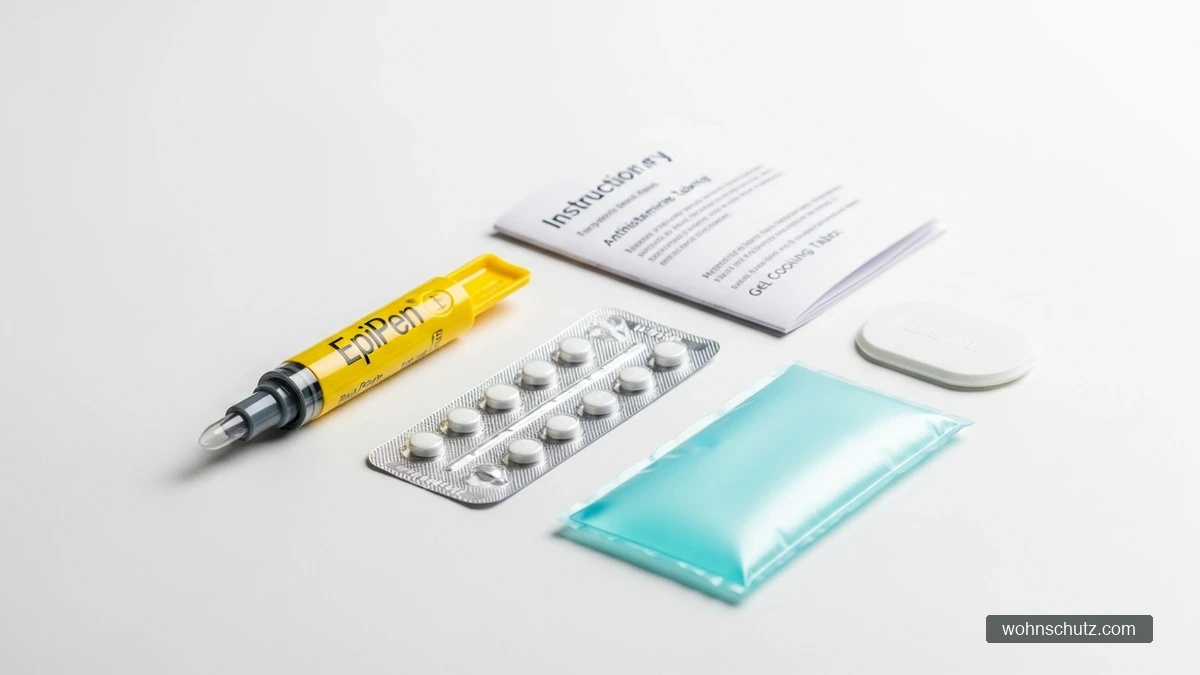 Insektenallergie-Notfallset mit EpiPen-Autoinjektor, Antihistaminikum-Tabletten und Kühlpad auf weißem Hintergrund