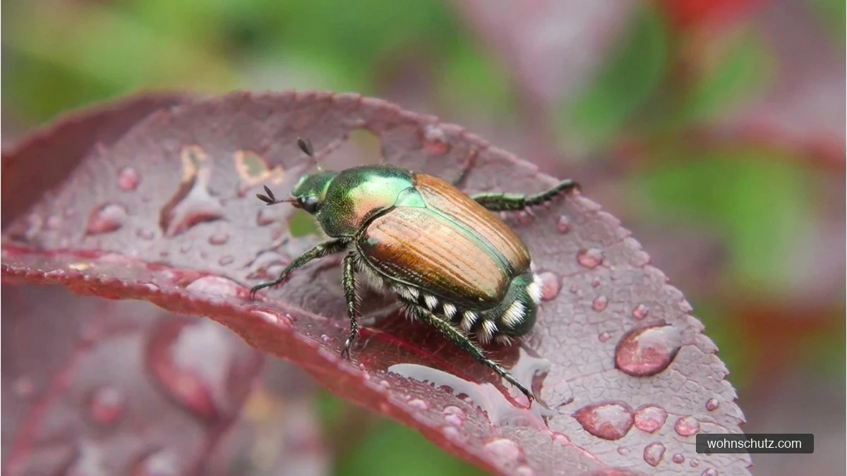 Japankäfer (Popillia japonica) auf einem Blatt – metallisch grüner Halsschild, kupferbraune Flügeldecken und weiße Haarbüschel an den Körperseiten