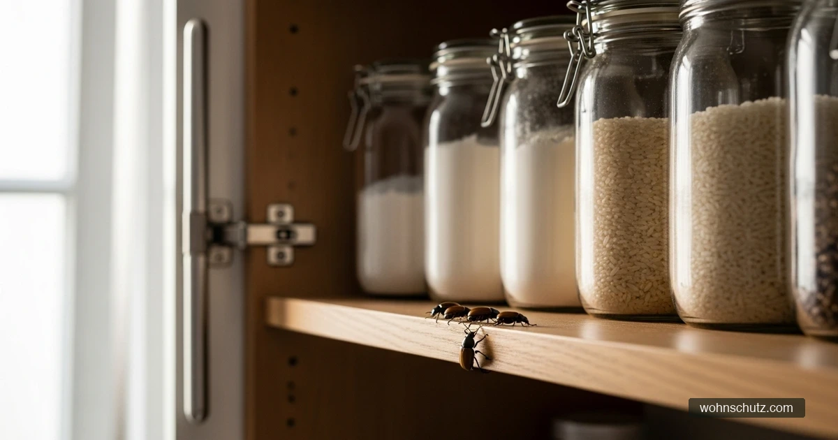 Kleiner brauner Käfer auf einer hellen Küchenarbeitsplatte neben Mehl und Reis – Bestimmung von Käfern in der Wohnung