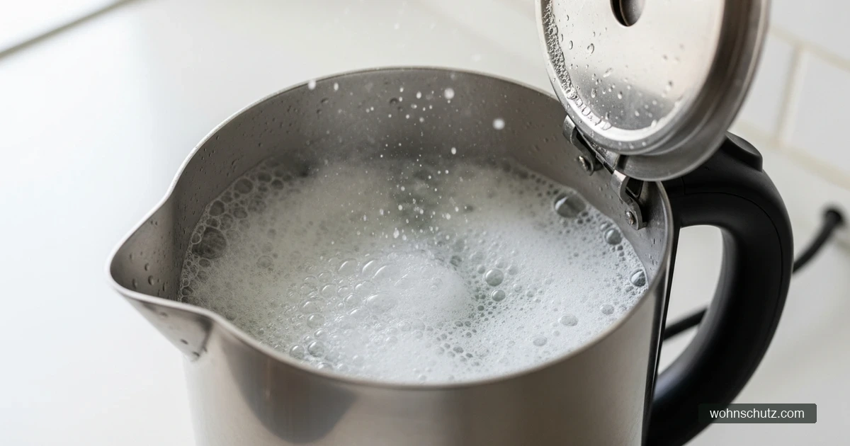 Sprudelnde Entkalkerlösung in einem Wasserkocher löst den weißen Kalkbelag auf