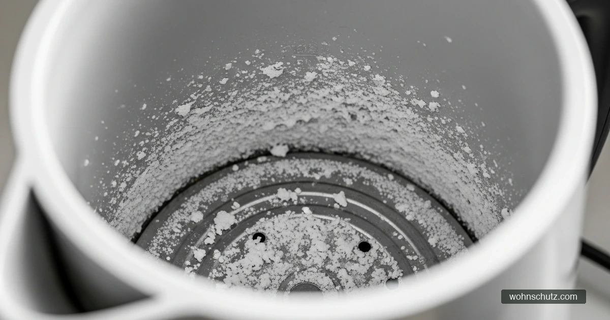 Dicke weiße Kalkablagerungen auf dem Heizstab und am Boden eines geöffneten Wasserkochers