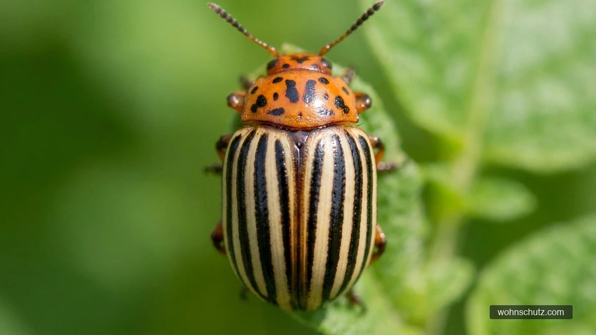 Kartoffelkäfer (Leptinotarsa decemlineata) von oben auf einem Blatt – zehn schwarze Längsstreifen auf den Flügeldecken, orange Halsschild mit schwarzen Punkten