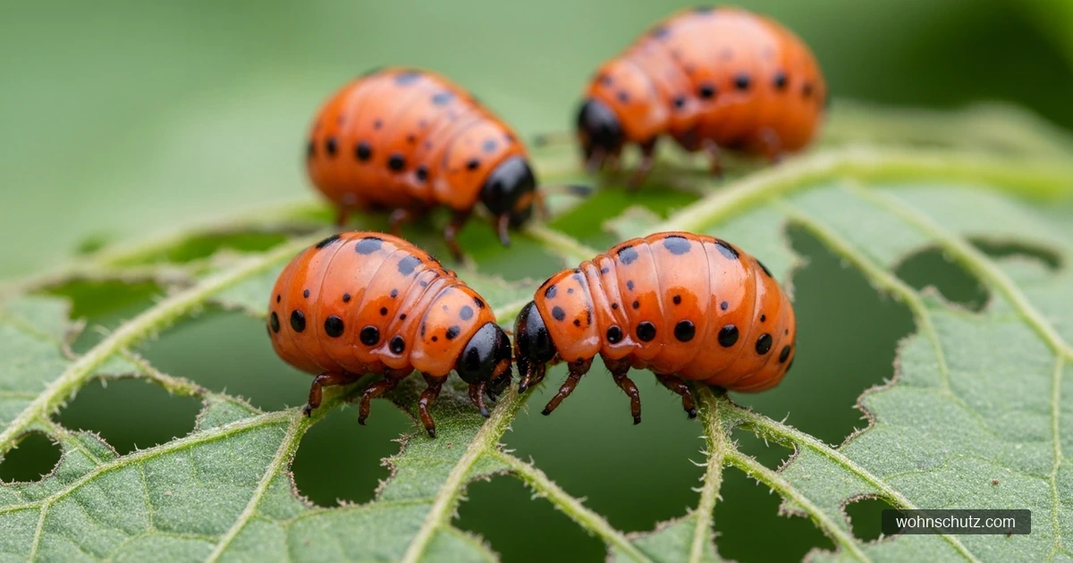 Orange-rote Kartoffelkäfer-Larven mit schwarzen Punkten fressen an einem kahlgefressenen Kartoffelblatt