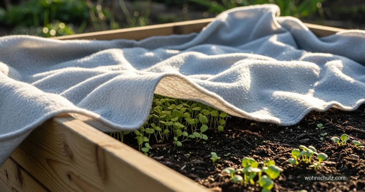 Hellgraues Gartenvlies über jungen Salatsetzlingen im Hochbeet