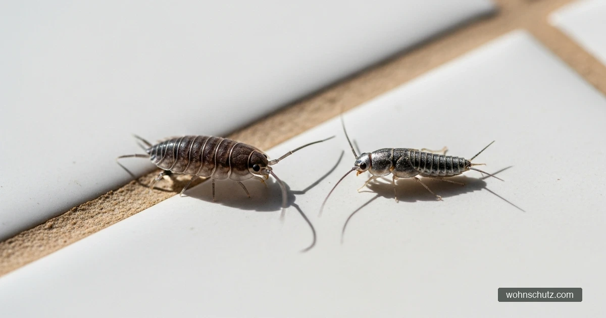 Kellerassel und Silberfisch im direkten Vergleich auf Fliesenboden