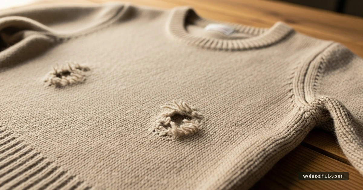 Wollpullover mit typischen unregelmäßigen Fraßlöchern durch Kleidermotten-Larven – Nahaufnahme der Schadstellen