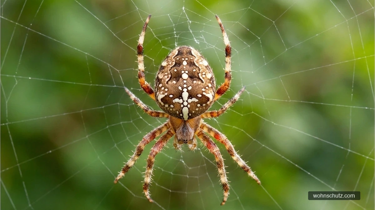 Gartenkreuzspinne (Araneus diadematus) in ihrem Radnetz – helles Kreuzmuster auf dem Hinterleib erkennbar