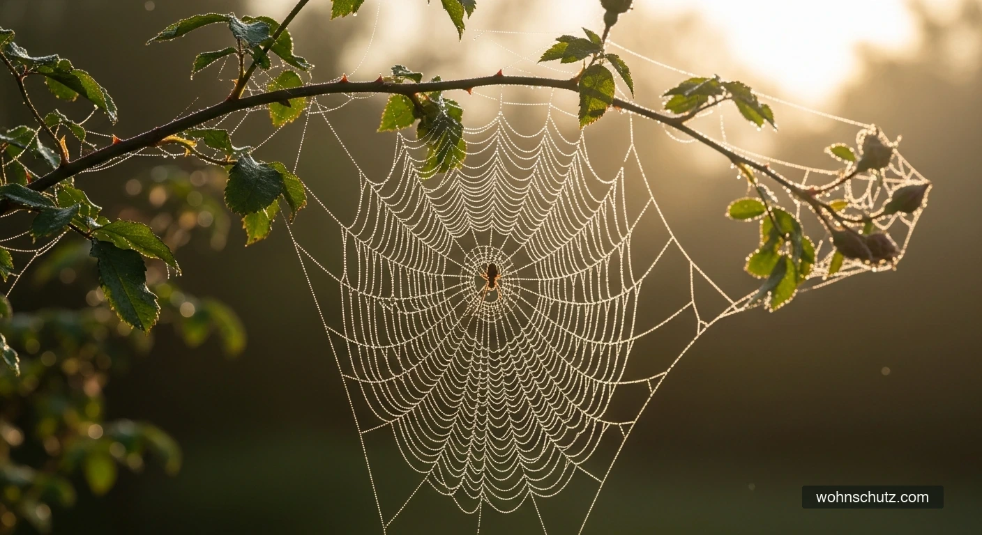 Radnetz der Gartenkreuzspinne zwischen Gartenpflanzen – feine Spinnenfäden im Morgenlicht