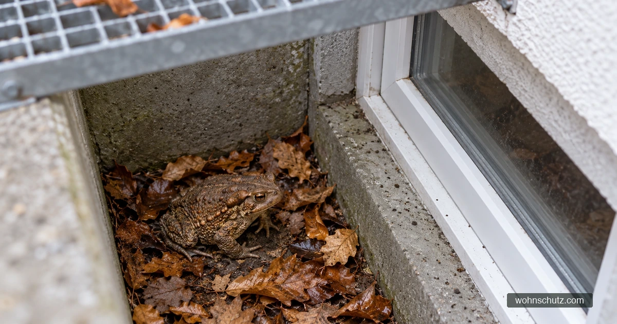Erdkröte sitzt im Herbstlaub am Boden eines Betonlichtschachts vor einem Kellerfenster, oben der Gitterrost