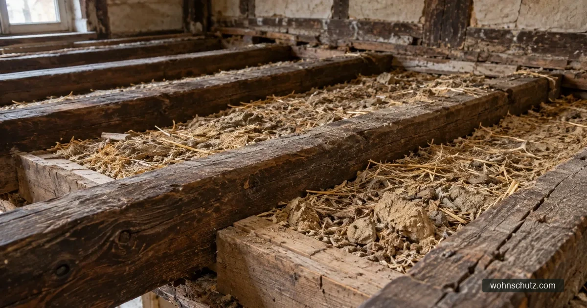 Geöffnete Holzbalkendecke im Altbau mit Einschubbrettern und einer Schüttung aus Strohlehm, Häcksel und Sand