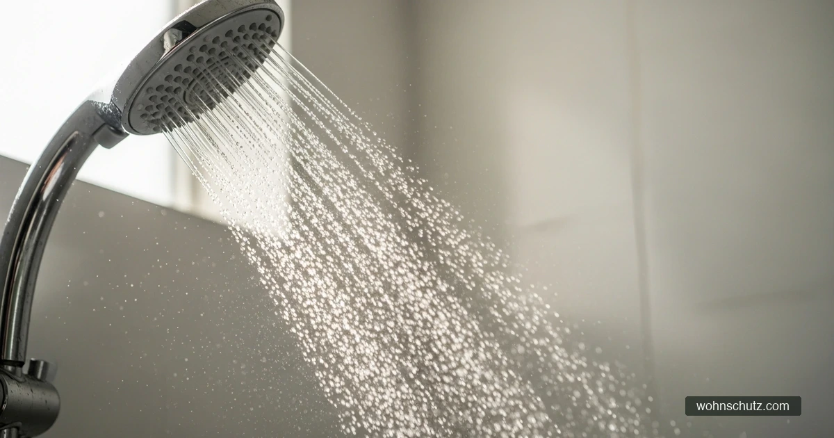 Warmes Wasser strömt mit feinem Sprühnebel aus einem Duschkopf in einer Badezimmerdusche