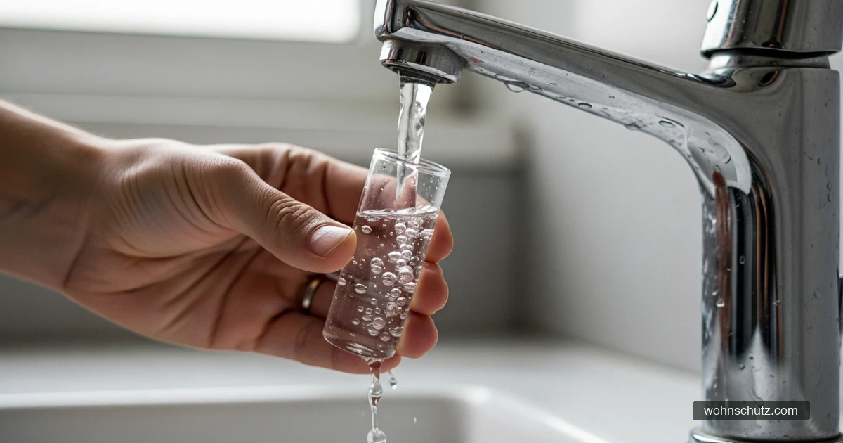 Eine Wasserprobe wird in ein kleines Probenröhrchen an einem Warmwasserhahn gefüllt