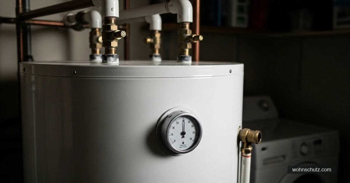 Ein Warmwasserspeicher mit Temperaturregler in einem Hauswirtschaftsraum