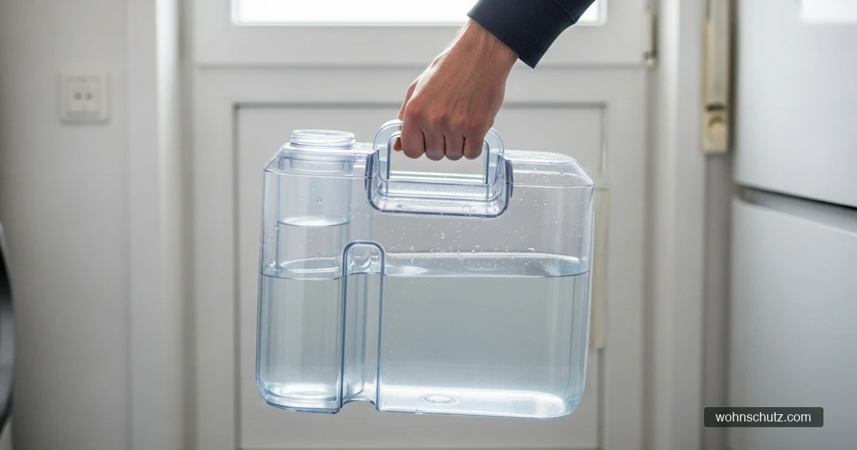Voll gelaufener Wassertank eines Luftentfeuchters wird geleert