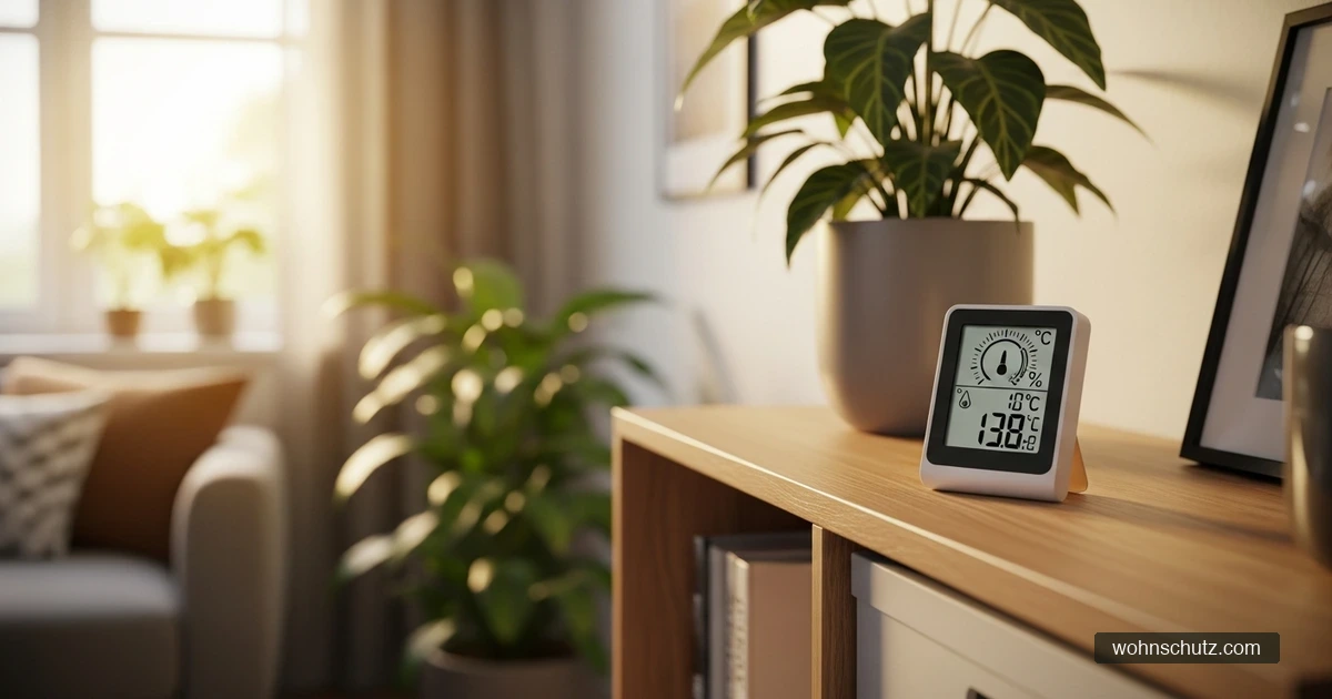 Digitales Hygrometer zeigt Luftfeuchtigkeit und Temperatur in einem hellen Wohnzimmer