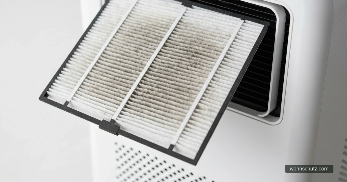 HEPA-Filter eines Luftreinigers wird gewechselt – deutlich sichtbarer Staub auf dem alten Filter