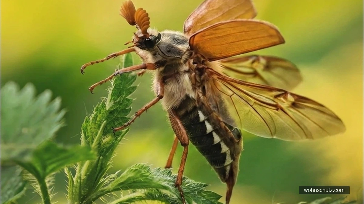 Maikäfer (Melolontha melolontha) startet mit ausgebreiteten Flügeln von einer Pflanze – typisches Bild während des Maikäferflugs im Frühjahr