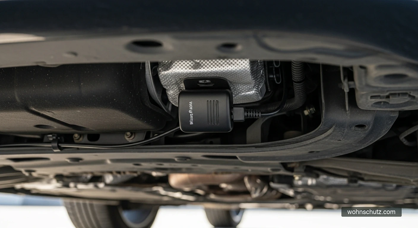 Ultraschall-Marderschutzgerät montiert im Motorraum eines Autos – kompakter Sender an der Karosserie befestigt