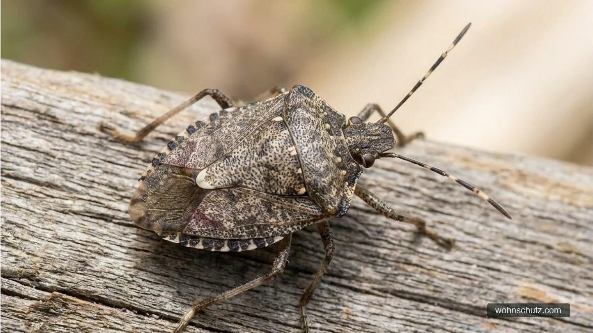 Marmorierte Baumwanze (Halyomorpha halys) mit graubraun marmoriertem, schildförmigem Körper auf einem verwitterten Holzbrett
