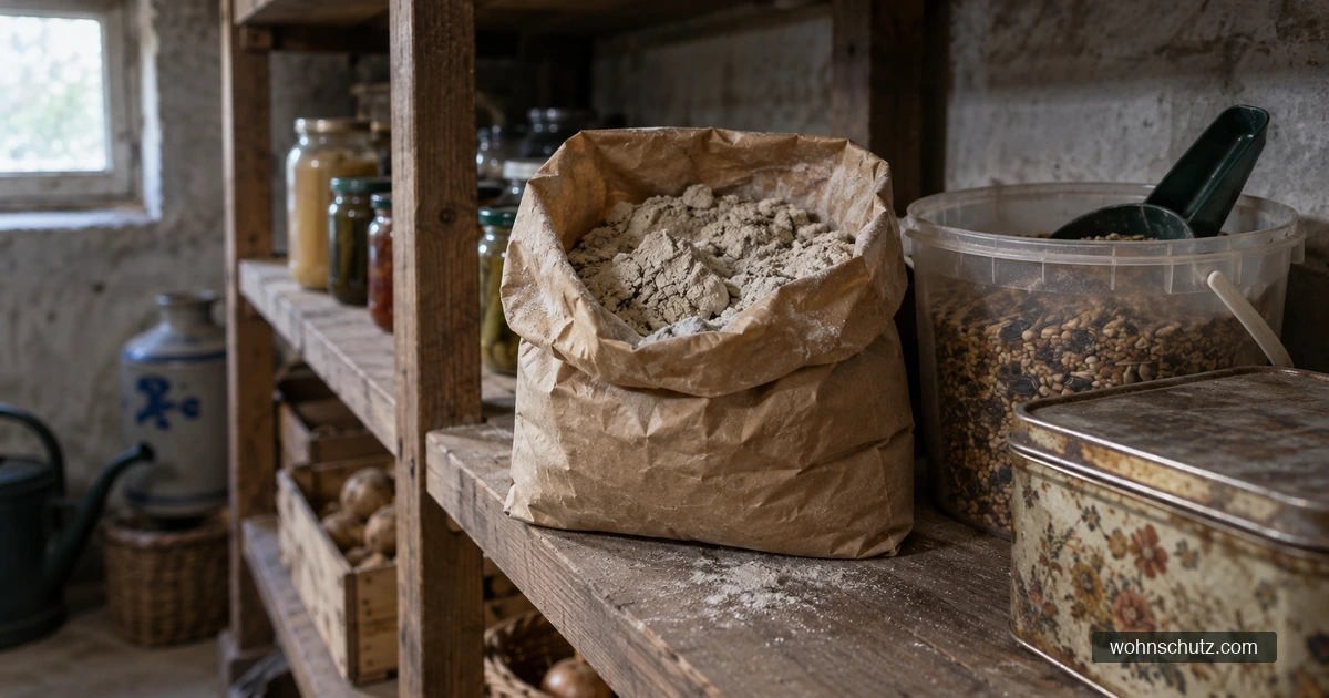 Alte, offene Papiertüte mit klumpigem, grauem Mehl im Holzregal eines Kellervorratsraums, daneben ein Eimer Vogelfutter und eine Blechdose