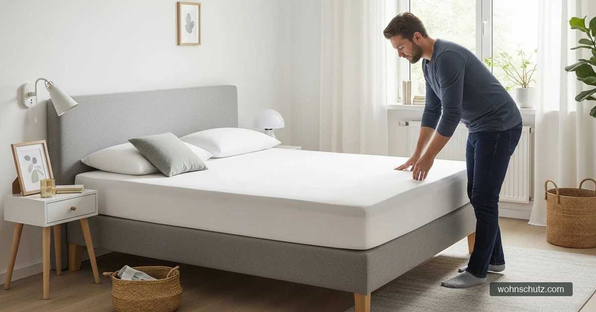 Schlafzimmer mit frisch überzogenem Bett und milbendichtem Encasing-Matratzenbezug – sauber und allergenarm