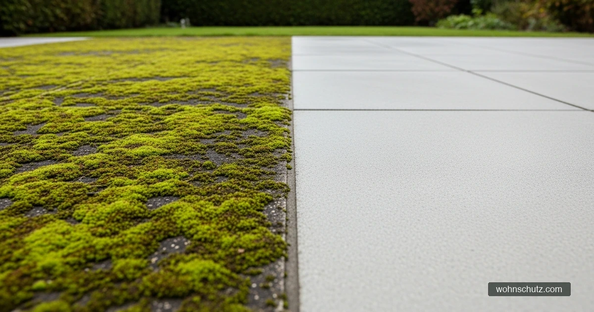Gepflasterte Terrasse, zur Hälfte von grünem Moos und Grünbelag befreit, im Vergleich zur vermoosten Seite