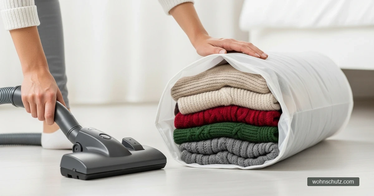 Wollpullover werden in luftdichte Vakuumbeutel für die Einlagerung verpackt – sicherer Schutz vor Kleidermotten