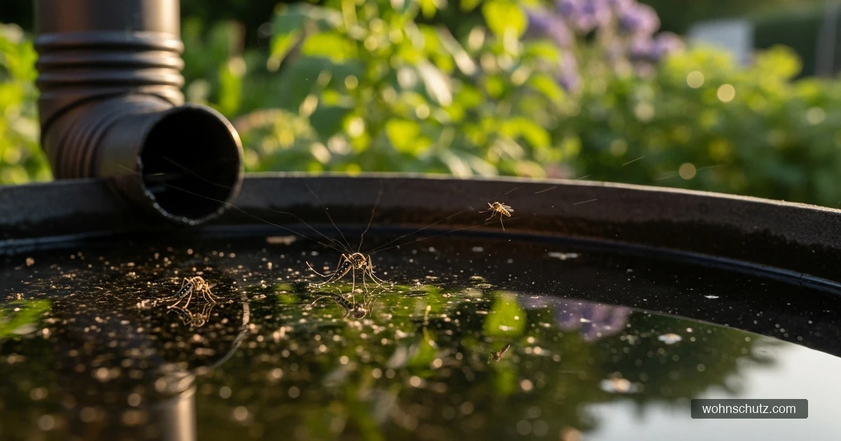 Stechmücken über stehendem Wasser im Garten – Brutplätze in Regentonne und Teich