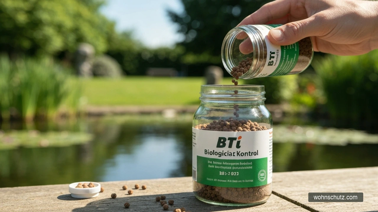 BTi-Granulat wird gleichmäßig auf der Teichoberfläche verteilt – biologische Mückenlarvenbekämpfung