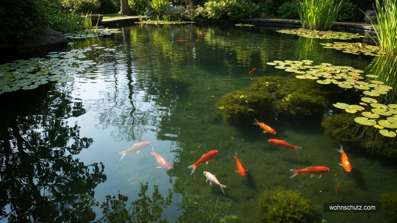 Goldfische im Gartenteich fressen Mückenlarven an der Wasseroberfläche
