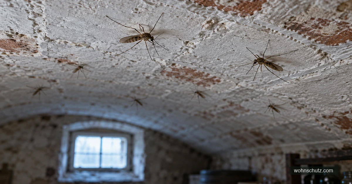 Mehrere Stechmücken sitzen reglos an der weiß gekalkten Decke eines dämmrigen Kellers, im Hintergrund ein kleines Kellerfenster