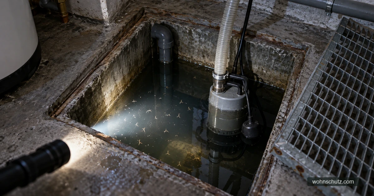 Offener Pumpensumpf im Kellerboden mit stehendem Wasser, der mit einer Taschenlampe kontrolliert wird