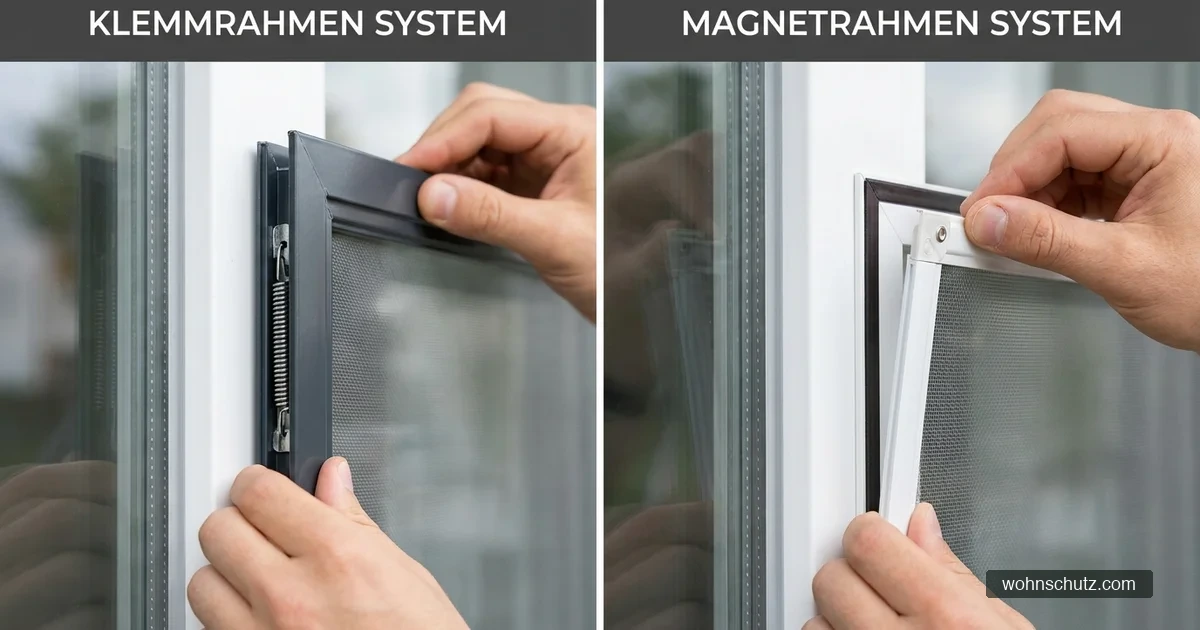 Vergleich Klemmrahmen und Magnetrahmen am Fenster – Montage ohne Bohren