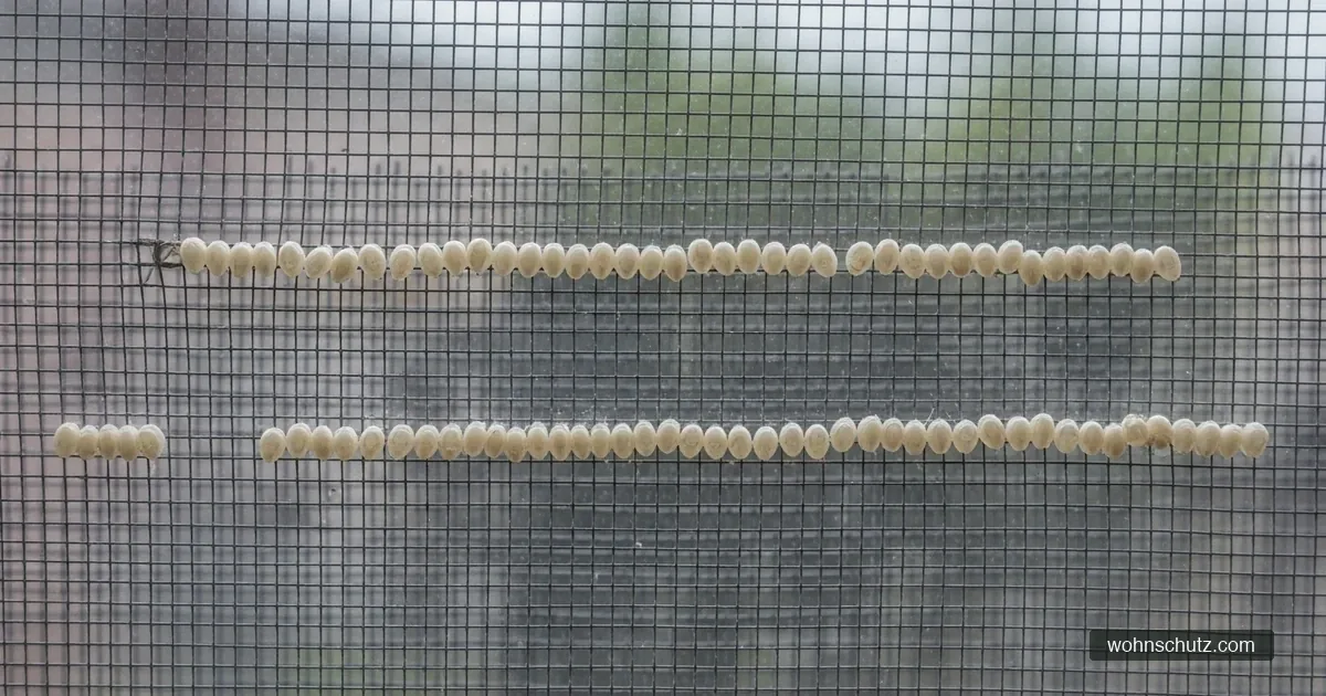 Weißliche Eier der Hausmutter in dichten Reihen auf einem Fliegengitter am Fenster – Nahaufnahme des Geleges