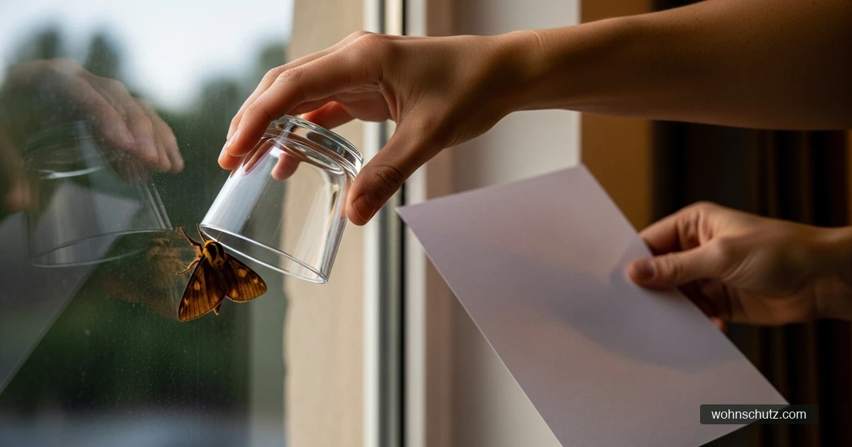 Nachtfalter wird mit einem Glas und einem Blatt Papier von der Fensterscheibe gefangen und nach draußen gebracht