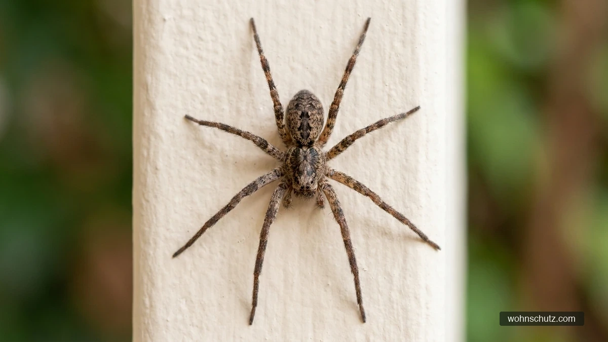 Nosferatu-Spinne (Zoropsis spinimana) an einer hellen Zimmerwand – marmoriertes braun-graues Muster auf Vorderkörper und Hinterleib