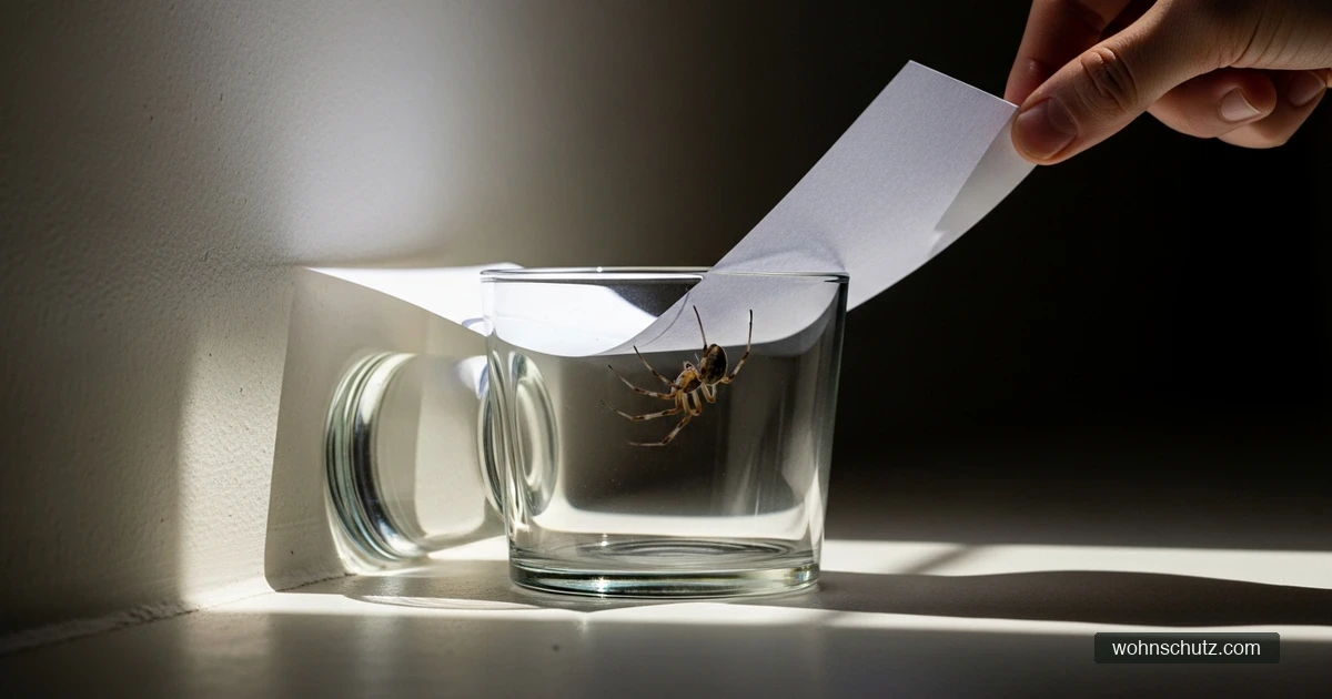 Eine Spinne wird mit einem Trinkglas und einem Blatt Papier schonend eingefangen