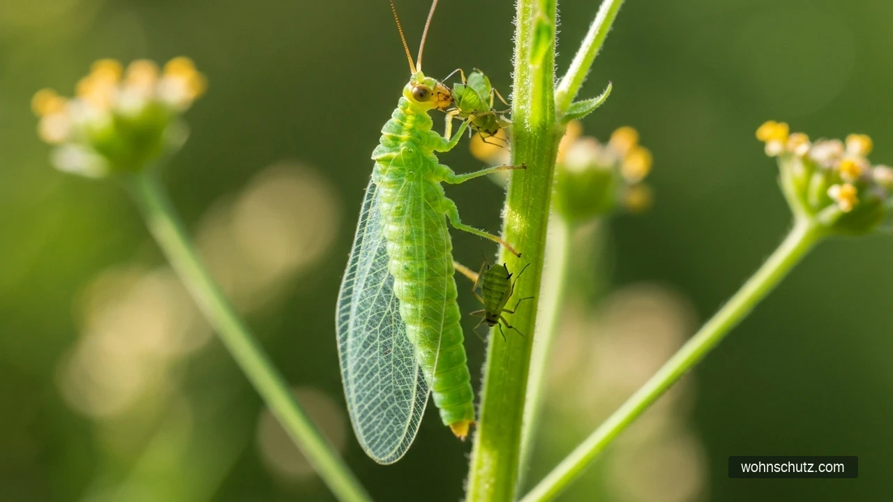 Florfliegenlarve frisst Blattläuse auf Pflanzenstiel – effizienter Nützling