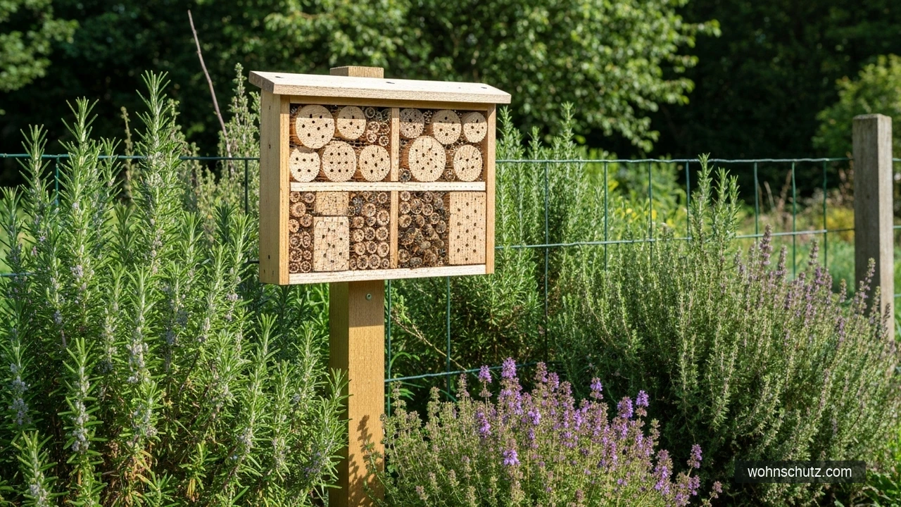 Insektenhotel im Garten mit Nisthilfen für Wildbienen und Nützlinge